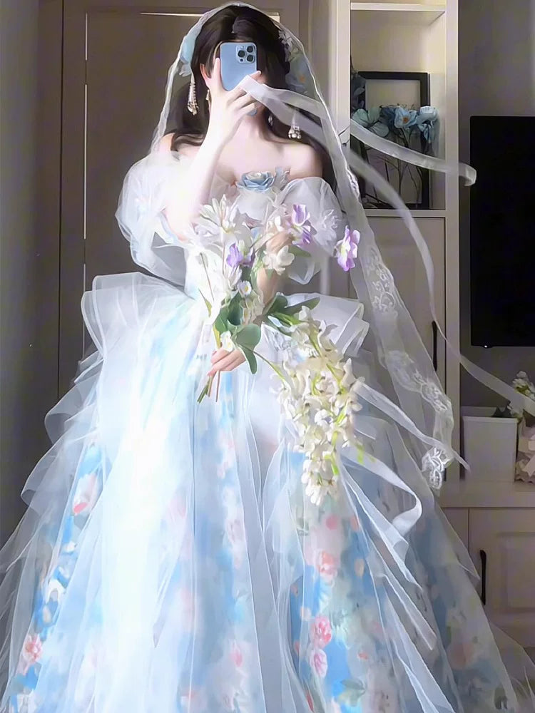 Einzigartiges schulterfreies blaues Ballkleid mit kurzen Ärmeln – Inspiration für Abschlussballkleider, Partykleider, Abendkleider, Outfits zum 16. Geburtstag AB2257