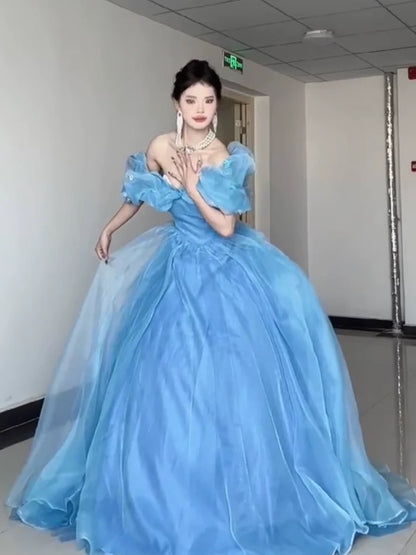 Robe de bal princesse épaules dénudées bleue, inspiration robes de soirée longues, tenues pour un 20e anniversaire AB2240