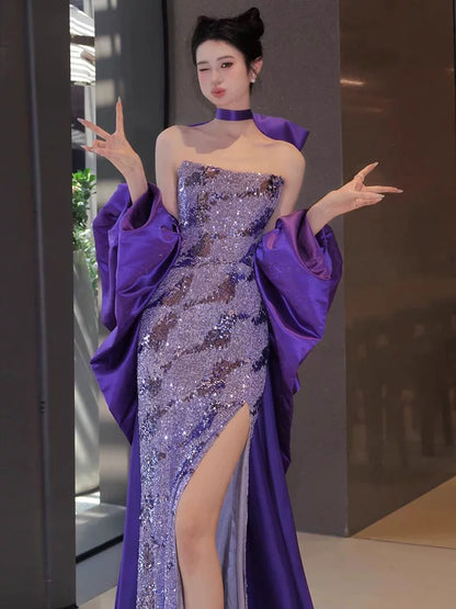 Robe de bal sirène bustier à paillettes violettes, inspiration robe de soirée longue, tenue pour un 20e anniversaire AB2258