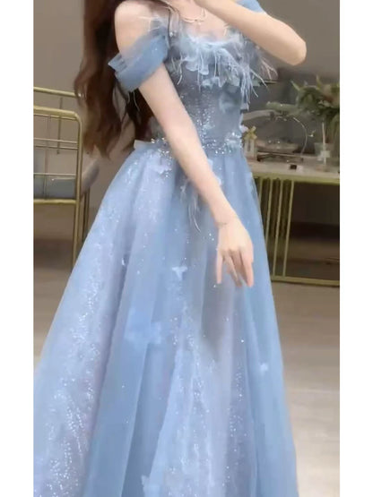 Robe de bal bleue unique à épaules dénudées, coupe trapèze, inspiration tulle, robe de soirée longue, tenue pour un 20e anniversaire AB2247