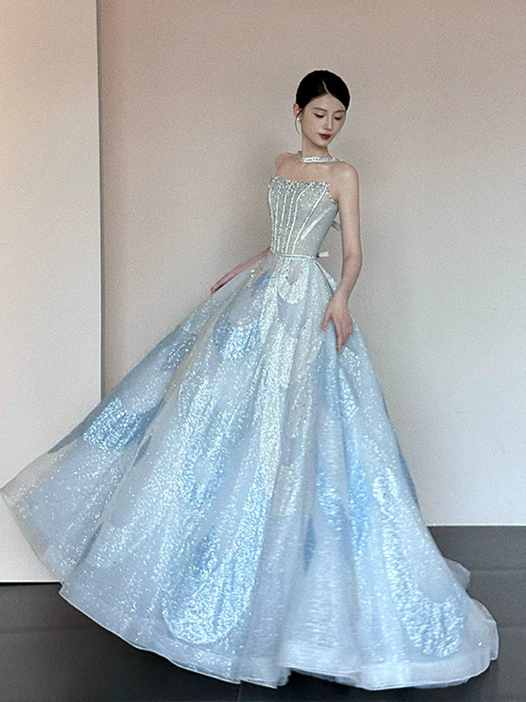 Einzigartiges trägerloses blaues Ballkleid – Inspiration für lange Party-Nachtkleider – Outfits zum 20. Geburtstag AB2241