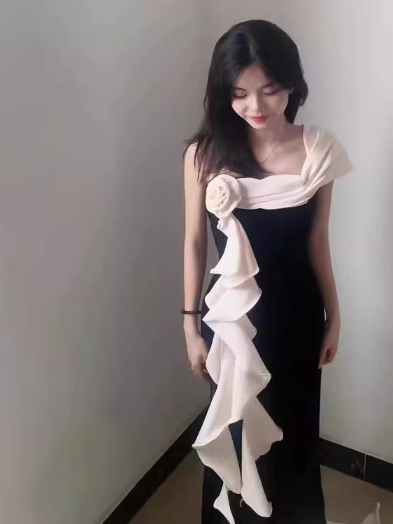 Robe de bal sirène asymétrique noire unique - Inspiration pour une longue soirée - Tenue pour un 20e anniversaire AB2248