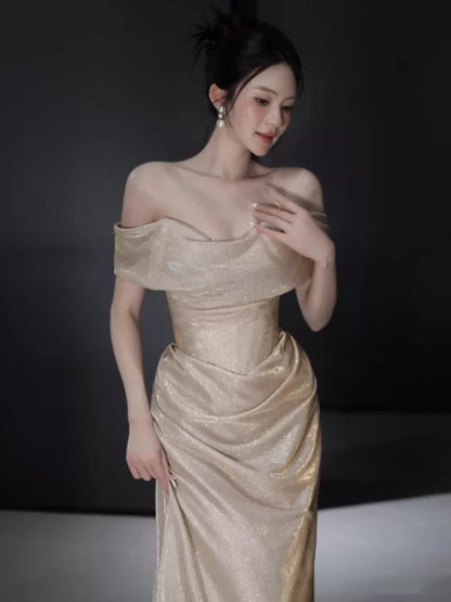 Sexy Meerjungfrauen-Abendkleid mit schulterfreiem, champagnerfarbenem Paillettenbesatz – perfekt für Abschlussball, Party, 16. Geburtstag oder Schulabschluss (AB2244)