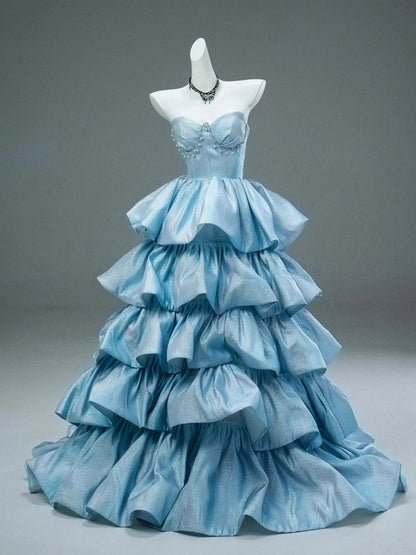 Prinzessinnen-Ballkleid mit herzförmigem Ausschnitt, blauem Stufenoberteil, Inspiration für lange Partykleider, Abendkleider zum 20. Geburtstag AB2250