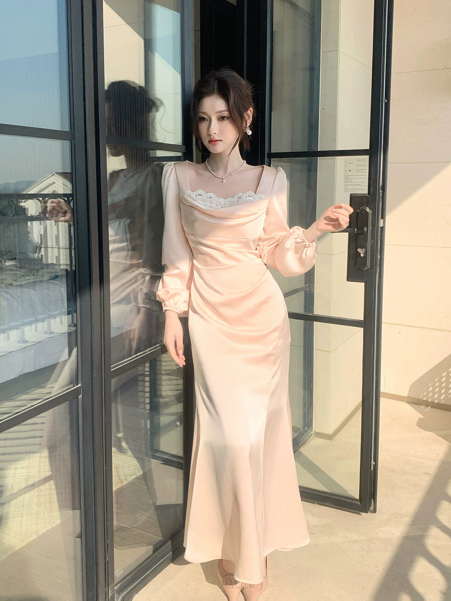 Elegantes Meerjungfrauen-Abendkleid mit eckigem Ausschnitt, rosa, seidig-satinfarben, knöchellang, perfekt für den 16. Geburtstag, AB2432