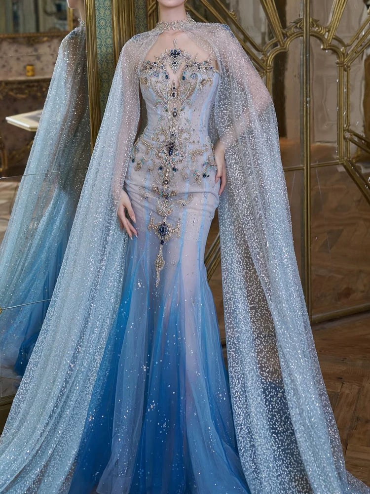 Robe de bal sirène modeste à col rond et sequins avec cape perlée, inspiration robe de soirée longue pour un 19e anniversaire AB2298