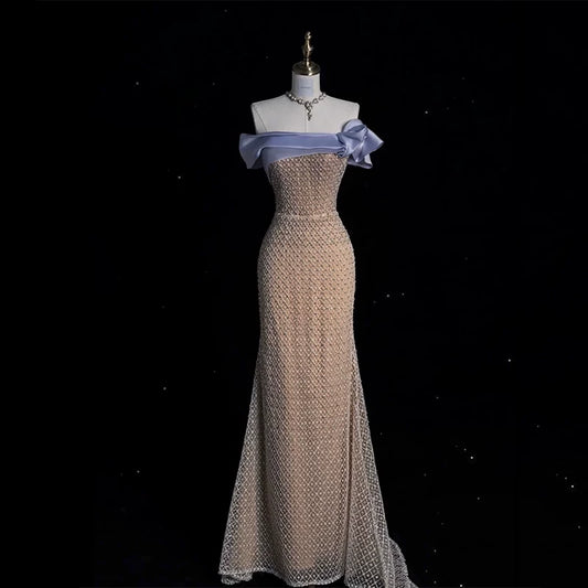 Robe de bal modeste, style sirène, épaules dénudées, inspiration champagne, manches courtes, robe de soirée longue AB2334
