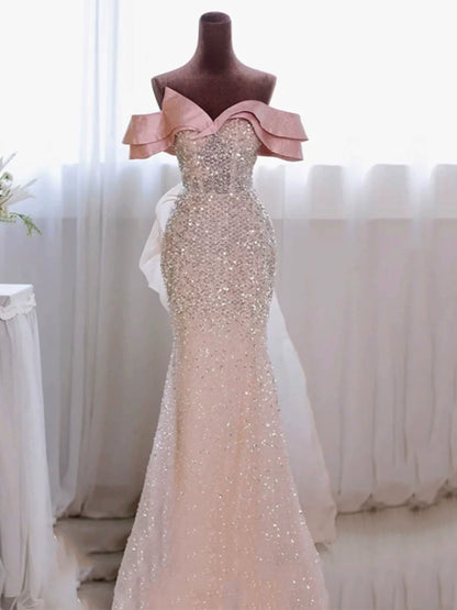 Glitzerndes Meerjungfrauen-Abendkleid, schulterfrei, rosa Pailletten, langes Ballkleid, Partykleid, Outfit für den 19. Geburtstag AB2324