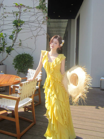 Elegantes, gelbes Chiffon-Abendkleid in A-Linie mit V-Ausschnitt und mehreren Lagen, langes Abendkleid für den 16. Geburtstag, AB2413