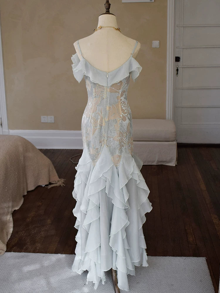 Vintage Meerjungfrauen-Kleid aus den 1960er Jahren mit Spaghettiträgern, hellblauem Chiffon, Inspiration für lange Partykleider, Outfits zum 18. Geburtstag AB2388