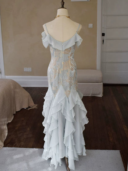 Vintage Meerjungfrauen-Kleid aus den 1960er Jahren mit Spaghettiträgern, hellblauem Chiffon, Inspiration für lange Partykleider, Outfits zum 18. Geburtstag AB2388