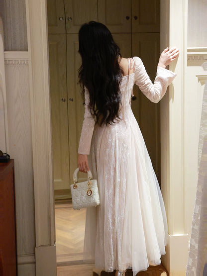 Robe de bal plissée en dentelle à manches longues et coupe trapèze, idéale pour une remise de diplôme, un 18e anniversaire ou toute autre occasion spéciale (N091)