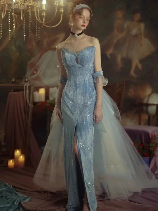 Robe de bal longue sirène scintillante à sequins en forme de cœur et fente, inspiration robe de soirée longue, tenue pour un 20e anniversaire AB2302