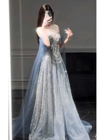Robe de bal longue à sequins, coupe trapèze, épaules dénudées, style tendance pour adolescentes, robe de soirée, robe de bal AB2229