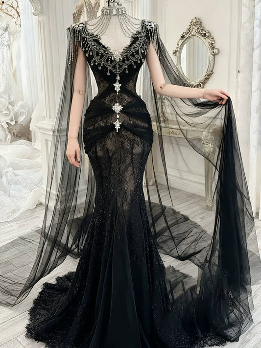 Robe de bal modeste, inspiration sirène, col en V, tulle noir, manches longues, cape, robe de soirée longue AB2337