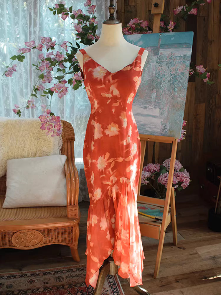 Vintage Meerjungfrauen-Chiffonkleid aus den 1950er Jahren mit V-Ausschnitt, floralem Muster und Schal – Inspiration für lange Party- und Abendkleider, Outfits zum 18. Geburtstag AB2378