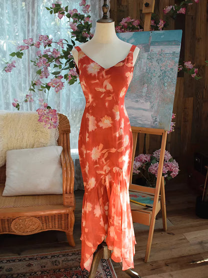 Vintage Meerjungfrauen-Chiffonkleid aus den 1950er Jahren mit V-Ausschnitt, floralem Muster und Schal – Inspiration für lange Party- und Abendkleider, Outfits zum 18. Geburtstag AB2378