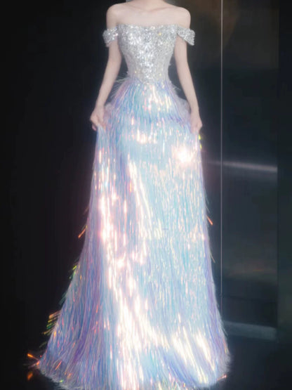 Robe de bal pailletée à épaules dénudées, sequins bleus, inspiration robe de soirée longue pour un 20e anniversaire AB2339