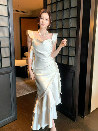 Elegantes Meerjungfrauen-Abendkleid aus weißem, seidigem Satin mit eckigem Ausschnitt und Knöchellänge – perfekt für den 16. Geburtstag oder andere festliche Anlässe (AB2423)