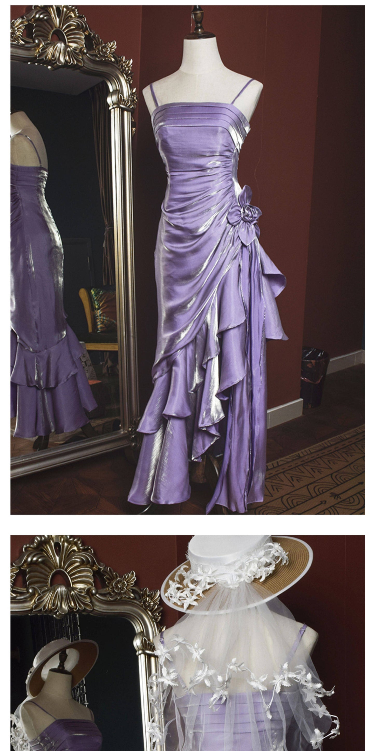 Vintage-Abendkleid im Stil der 1950er Jahre: Inspiration für lange Partykleider im Retro-Stil mit asymmetrischem Saum und Spaghettiträgern, ideal für den 18. Geburtstag (AB2342).