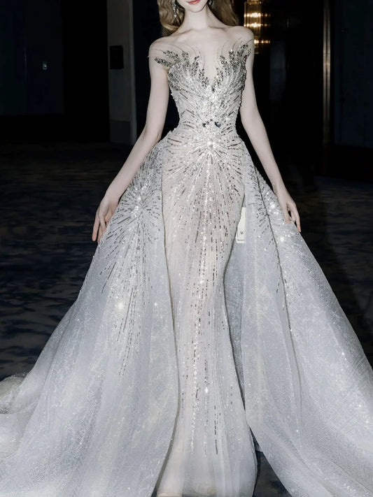 Luxurious Wedding Dresses Mermaid Scoop Neck With Cape Silver Gray Sequins Brides Dress For Brides Fitted Bridal Gowns AB2327