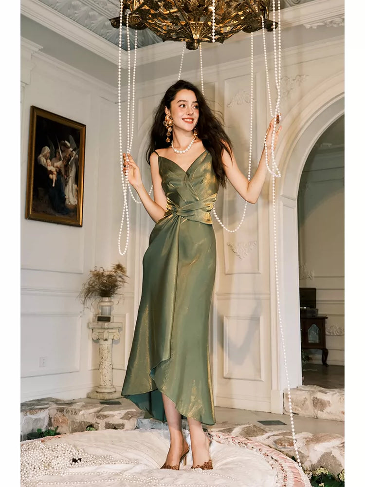 Robe de bal vert olive à fines bretelles, style sirène, idéale pour les lycéennes et les jeunes filles en fin d'année scolaire (AB2513)