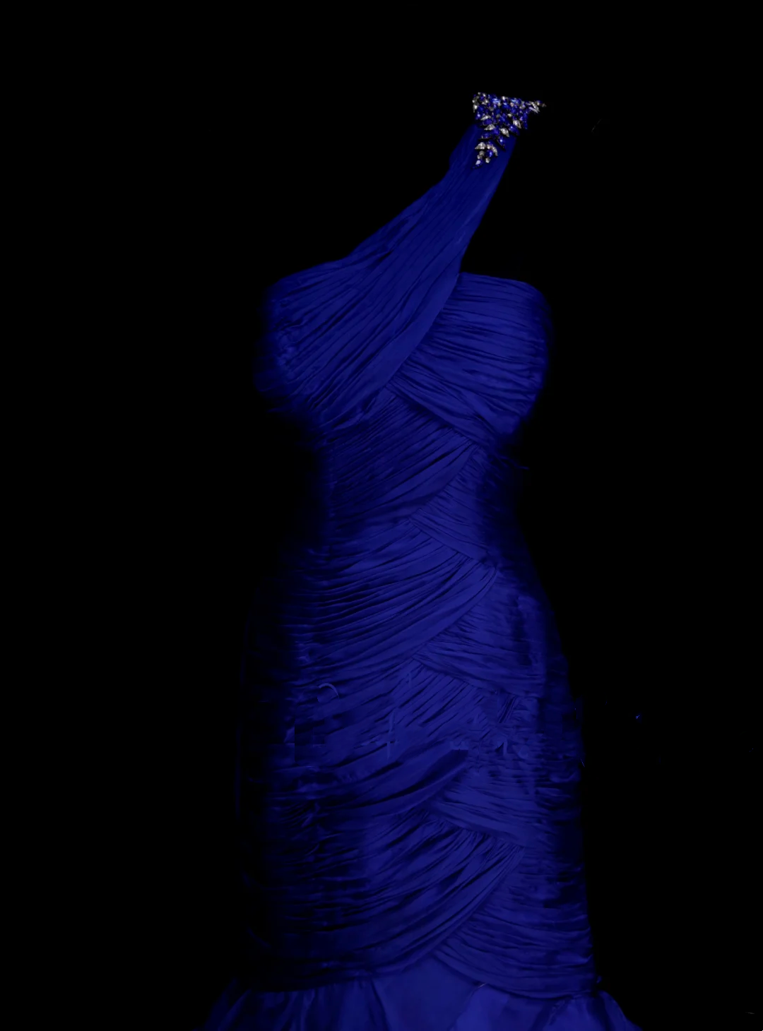Robe de bal longue sirène asymétrique en tulle bleu royal plissé et froncé pour femme OB002