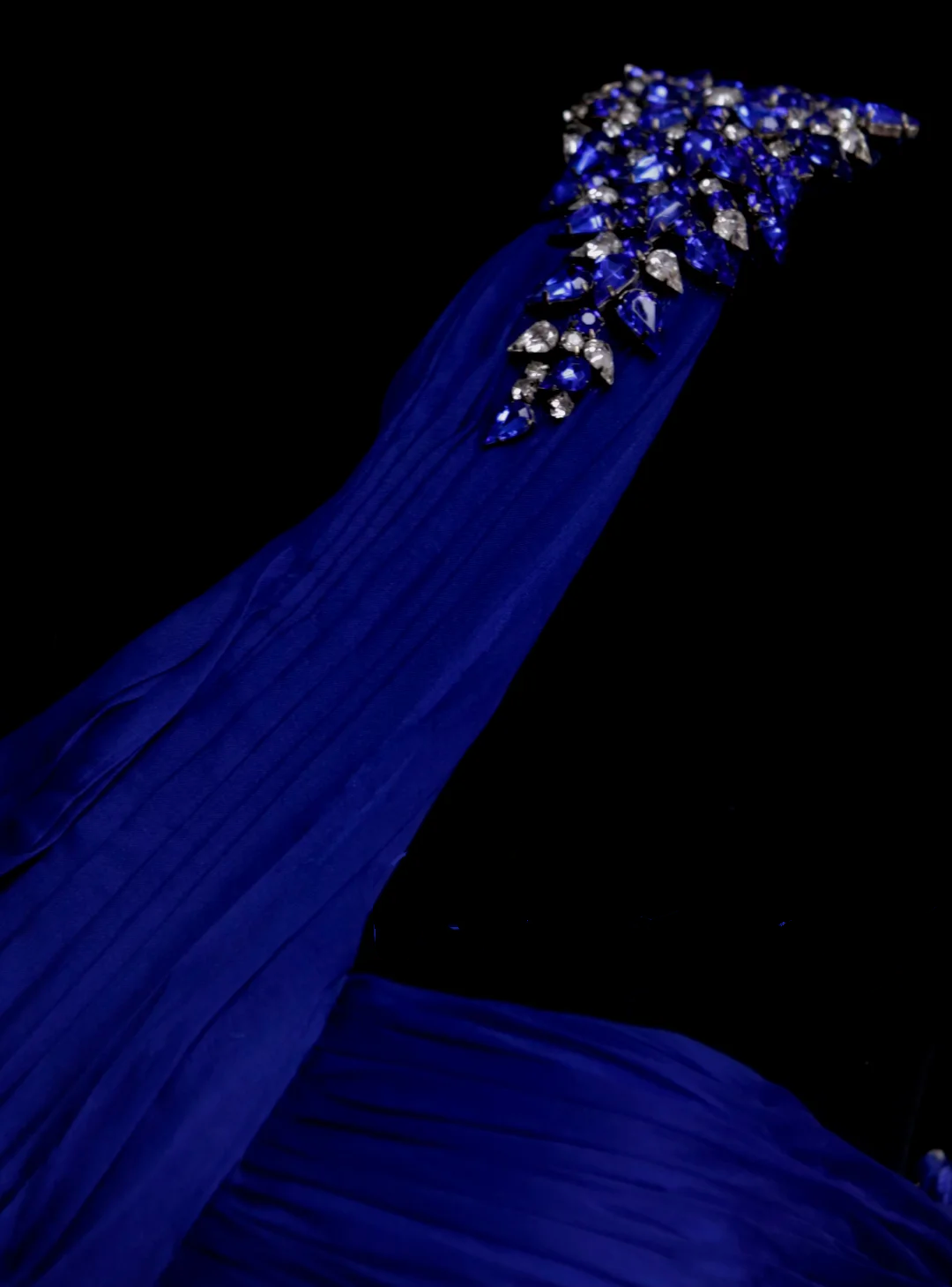 Robe de bal longue sirène asymétrique en tulle bleu royal plissé et froncé pour femme OB002