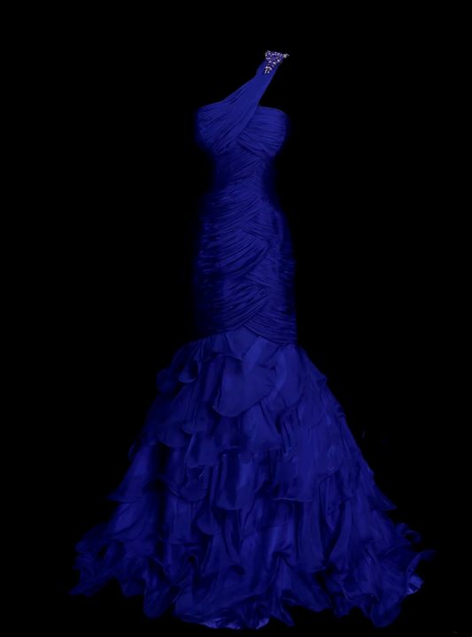 Mermaid One Shoulder Royal Blue Tulle With Pleated Ruched Long Prom Dresses Party Dress For Women OB002