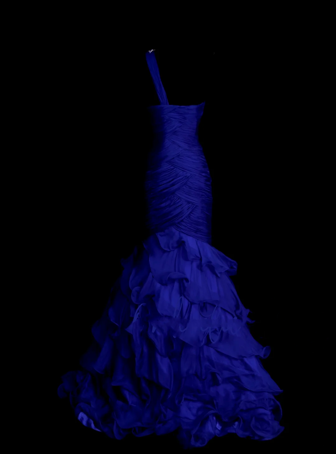 Robe de bal longue sirène asymétrique en tulle bleu royal plissé et froncé pour femme OB002