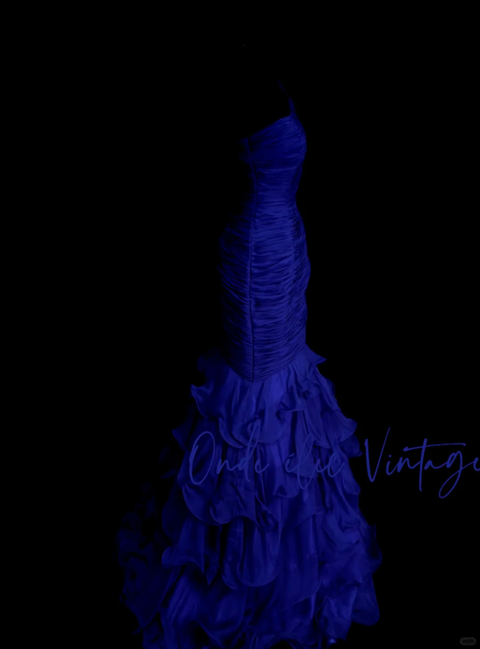 Mermaid One Shoulder Royal Blue Tulle With Pleated Ruched Long Prom Dresses Party Dress For Women OB002