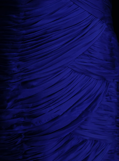 Robe de bal longue sirène asymétrique en tulle bleu royal plissé et froncé pour femme OB002