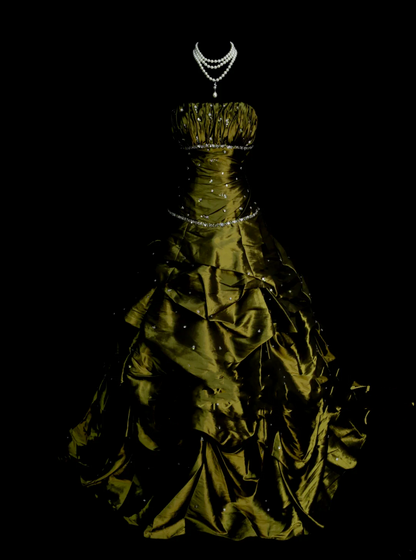 Charming Ball Gown Strapless Olive Green Taffeta With Beadings Long Prom Dresses Party Dress For Women OB003