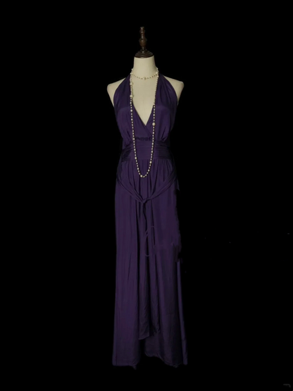 Simple A line Halter V Neck Chiffon Grape Long Prom Dress Ideas With Pleated Formal Party Dress Inspo For Women OB004