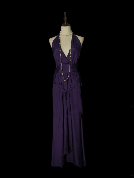 Simple A line Halter V Neck Chiffon Grape Long Prom Dress Ideas With Pleated Formal Party Dress Inspo For Women OB004