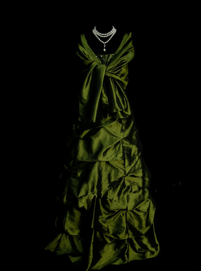 Robe de bal élégante à col en V en taffetas vert olive ornée de perles, robe de soirée longue et tendance pour femme OB005