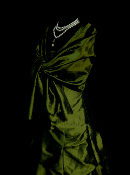 Robe de bal élégante à col en V en taffetas vert olive ornée de perles, robe de soirée longue et tendance pour femme OB005