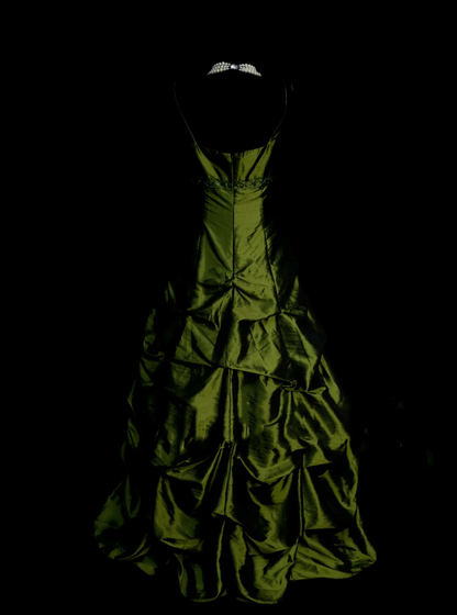 Robe de bal élégante à col en V en taffetas vert olive ornée de perles, robe de soirée longue et tendance pour femme OB005