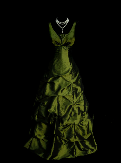 Robe de bal élégante à col en V en taffetas vert olive ornée de perles, robe de soirée longue et tendance pour femme OB005
