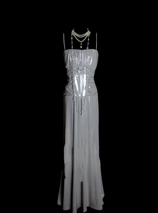 Simple A line Spaghetti Straps Silver Gray Satin Long Prom Dress Ideas With Pleated Formal Party Dress Inspo For Women OB006