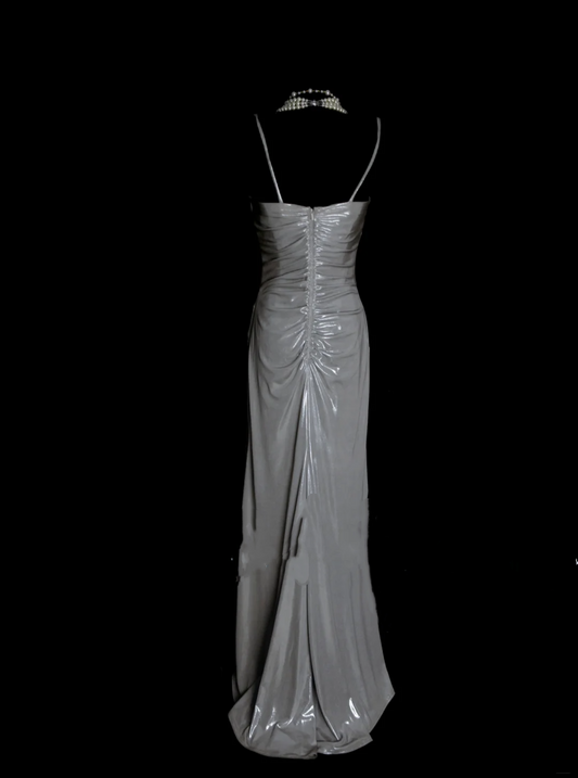 Simple A line Spaghetti Straps Silver Gray Satin Long Prom Dress Ideas With Pleated Formal Party Dress Inspo For Women OB006