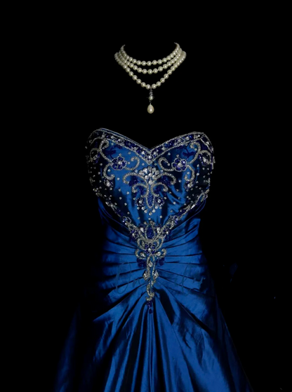 Elegantes Ballkleid aus königsblauem Taft mit goldenen Perlen und herzförmigem Ausschnitt – langes Abendkleid, trendiges Partykleid für Damen OB007