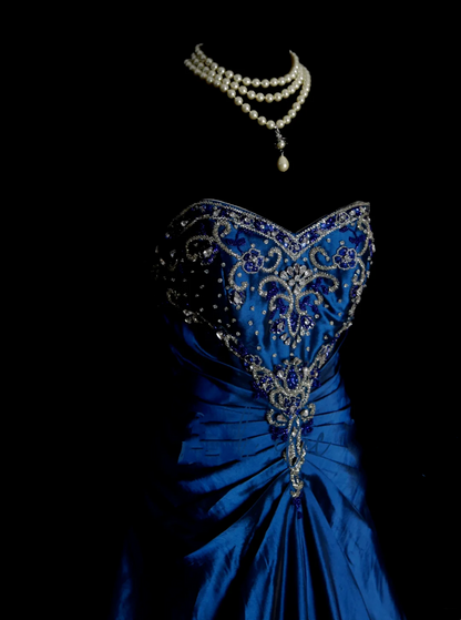Elegantes Ballkleid aus königsblauem Taft mit goldenen Perlen und herzförmigem Ausschnitt – langes Abendkleid, trendiges Partykleid für Damen OB007