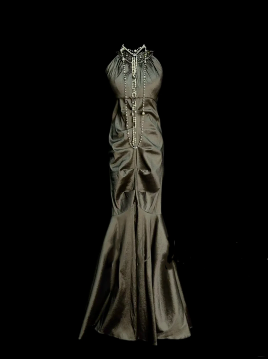 Simple Mermaid High Neck Green Satin Long Prom Dress Ideas With Pleated Formal Party Dress Inspo For Women OB013