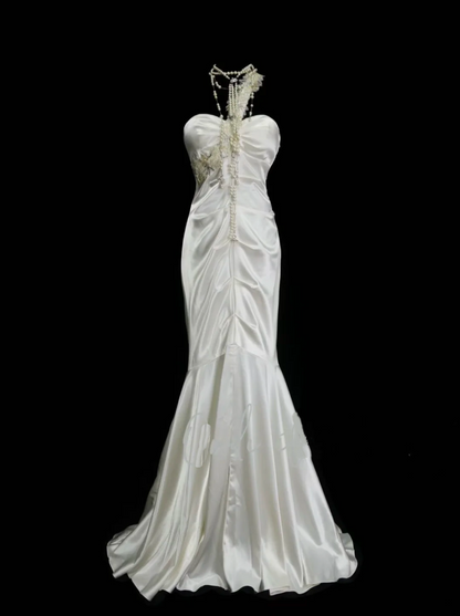 Elegantes, schlichtes Brautkleid im Meerjungfrauenstil mit One-Shoulder-Schnitt und Blumenmuster, erhältlich in kleinen und großen Größen (OB017)