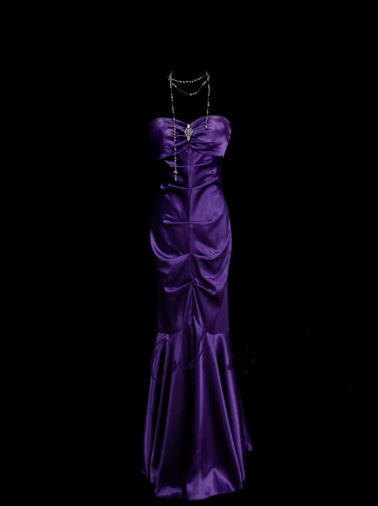 Simple Mermaid Sweetheart Grape Ruched Satin Long Prom Dress Ideas With Pleated Formal Party Dress Inspo For Women OB018