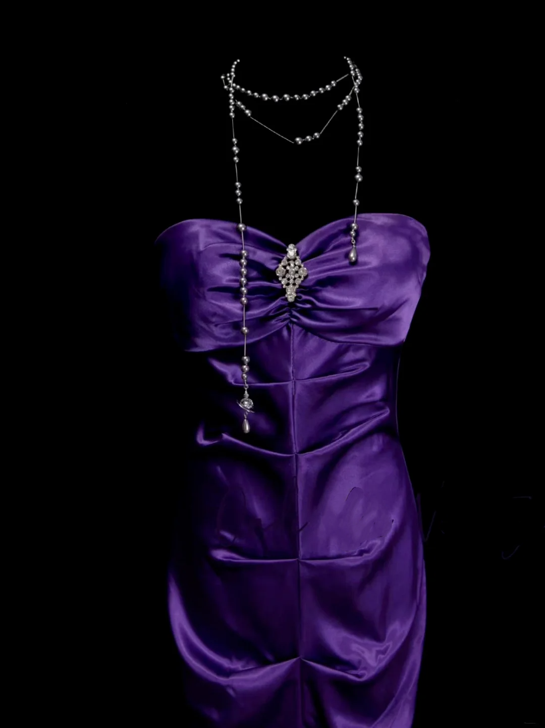 Ideen für ein schlichtes, langes, gerafftes Meerjungfrauen-Abendkleid aus Satin in Traubenfarbe mit plissiertem, formellem Look für Damen (OB018)