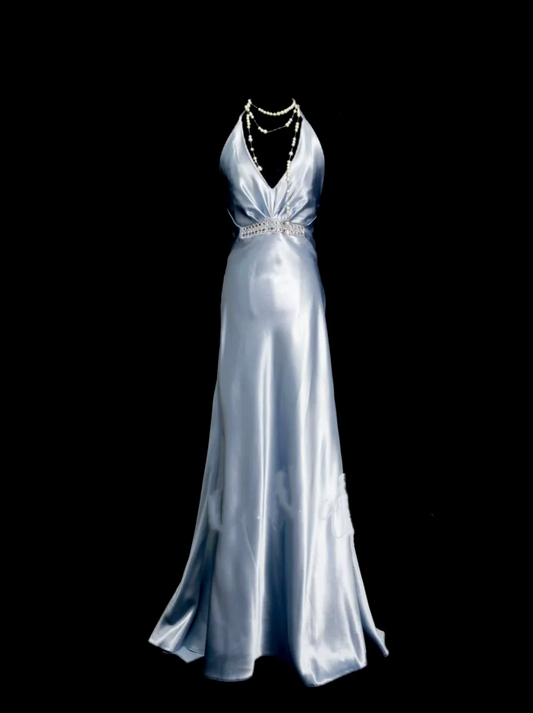 Simple Mermaid Halter Light Sky Blue Ruched Satin Long Prom Dress Ideas With Pleated Formal Party Dress Inspo For Women OB019