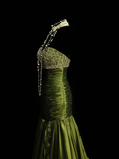 Robe de bal longue sirène élégante en taffetas vert olive ornée de perles, robe de soirée tendance pour femme OB020