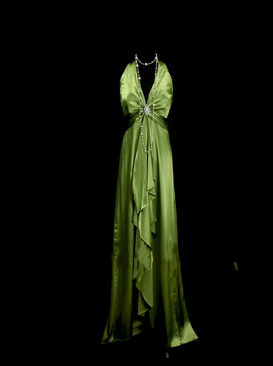 Simple A line Halter Olive Green Ruched Satin Long Prom Dress Ideas With Pleated Formal Party Dress Inspo For Women OB021